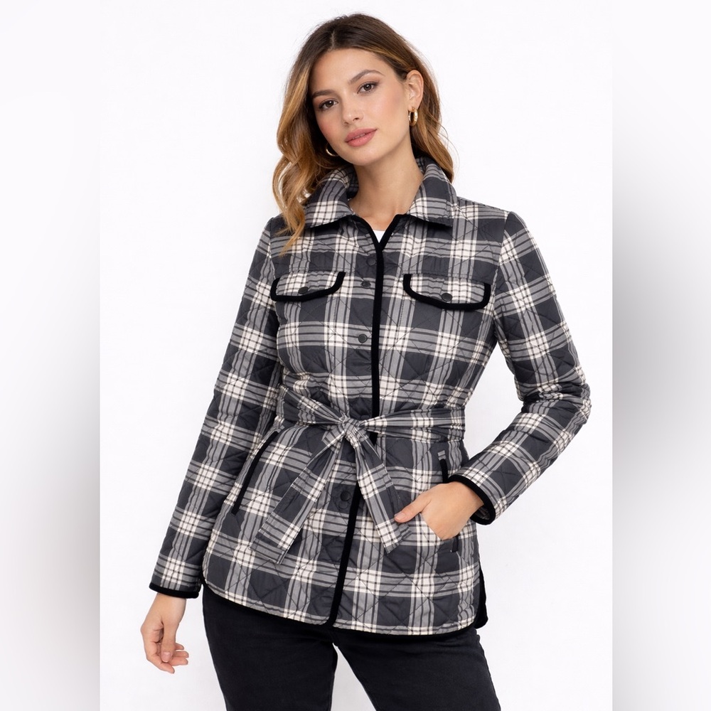 Talbots Plaid Quilted Shirt Jacket Medium Belted‎ Snap Front Below Hip